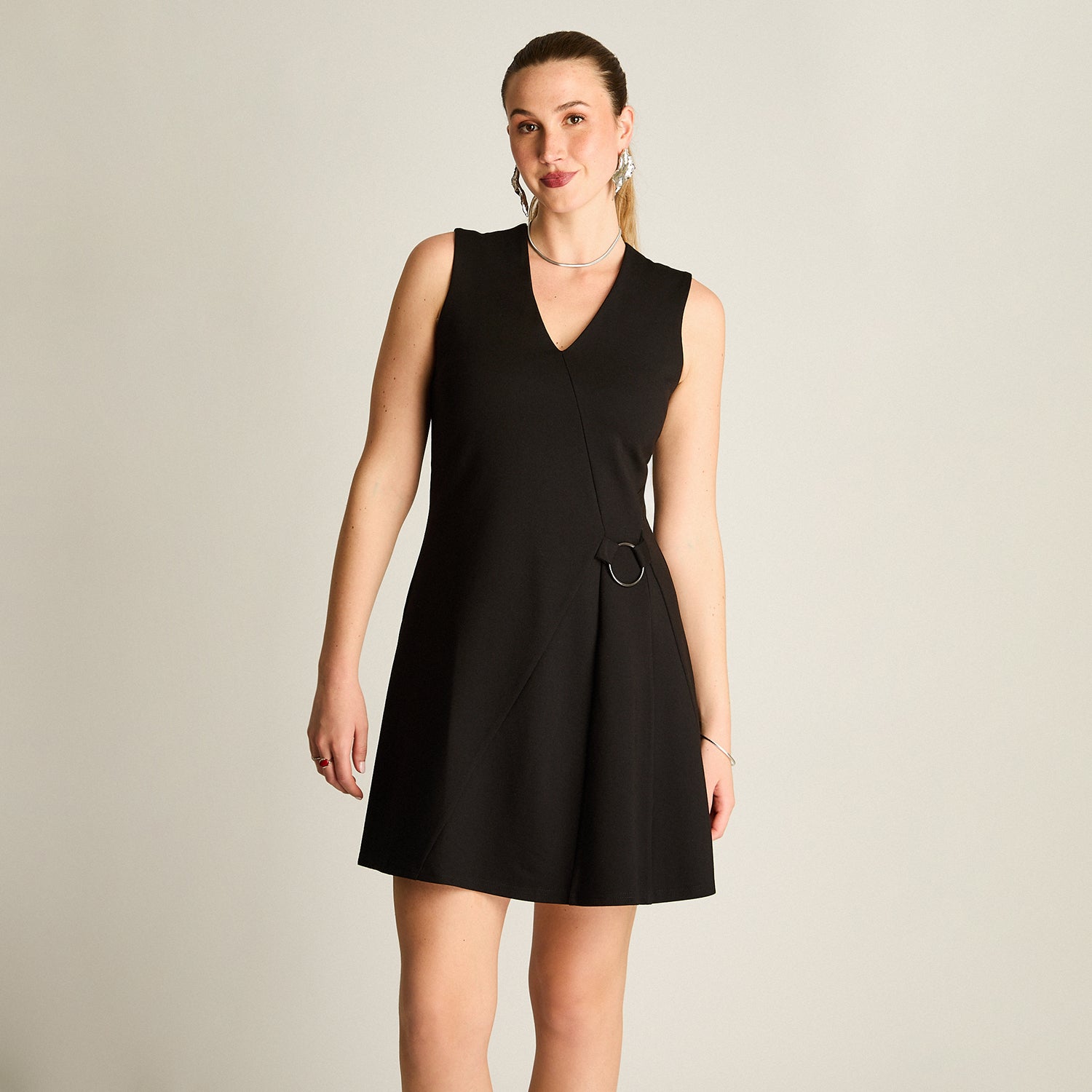 Vestido Corto Negro Corto Elasticidad Media Sin Forro Calce Normal Tela Punto